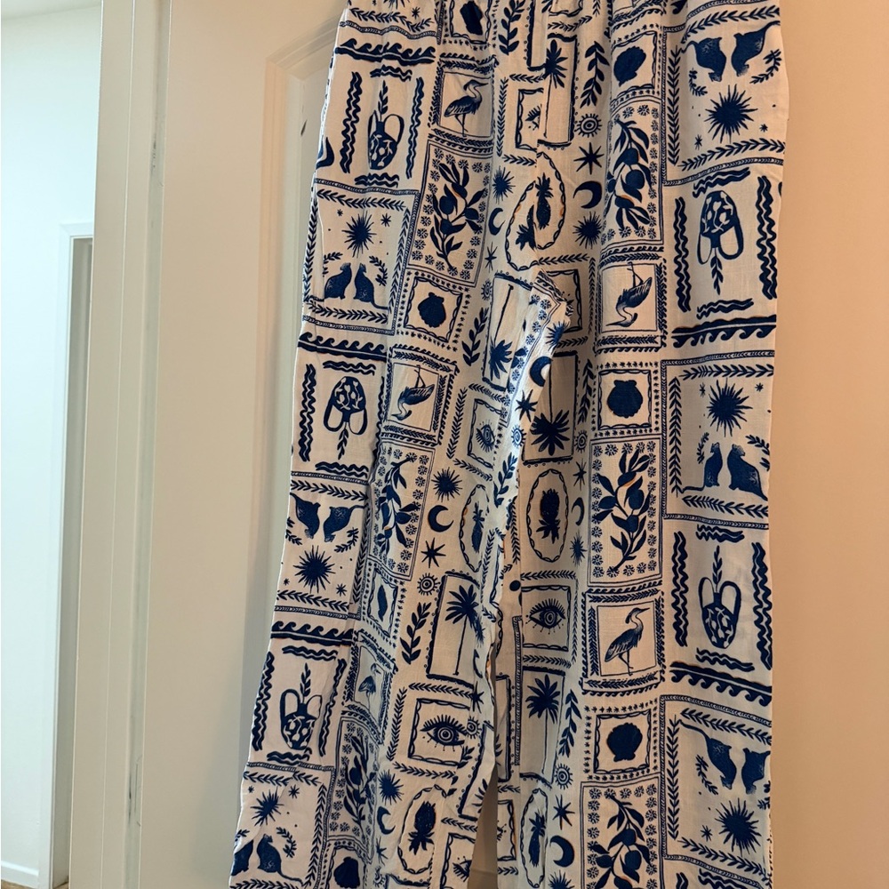 Blue and White Printed Wide-Leg Pants